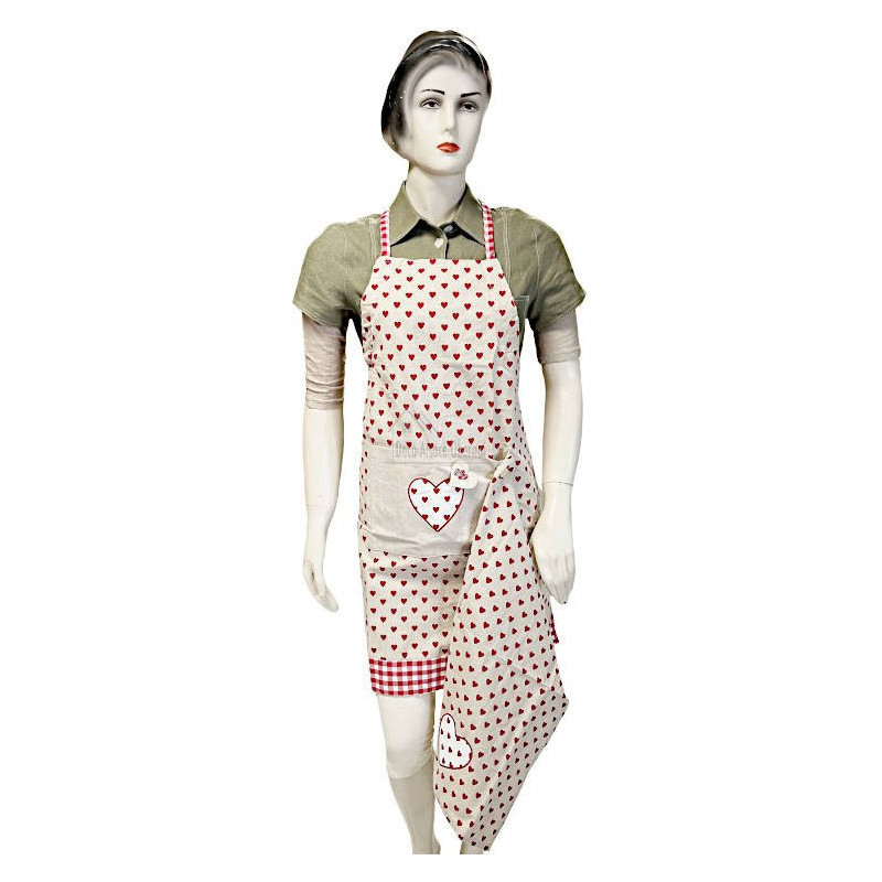 Adjustable Kitchen Apron with Embroidered Hearts and Tea Towel