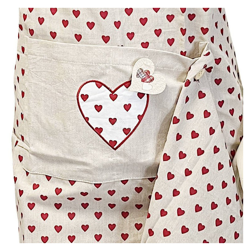 Adjustable Kitchen Apron with Embroidered Hearts and Tea Towel