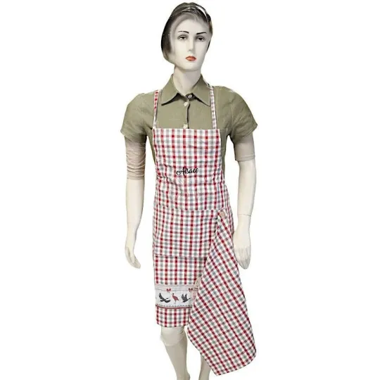 Tablier de Cuisine réglable Vichy décor Cigognes avec Torchon