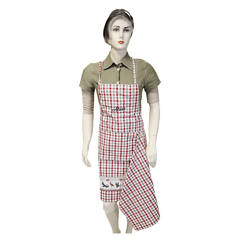 Adjustable Vichy Kitchen Apron with Stork Design and Kitchen Towel