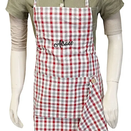 Verstelbare Keukenschort Vichy met Ooievaar Decoratie en Theedoek