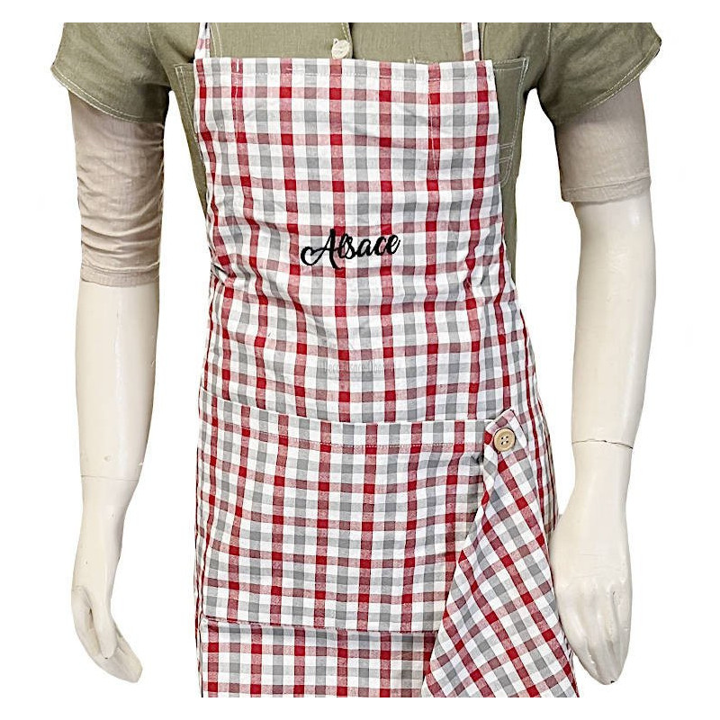 Adjustable Vichy Kitchen Apron with Stork Design and Kitchen Towel