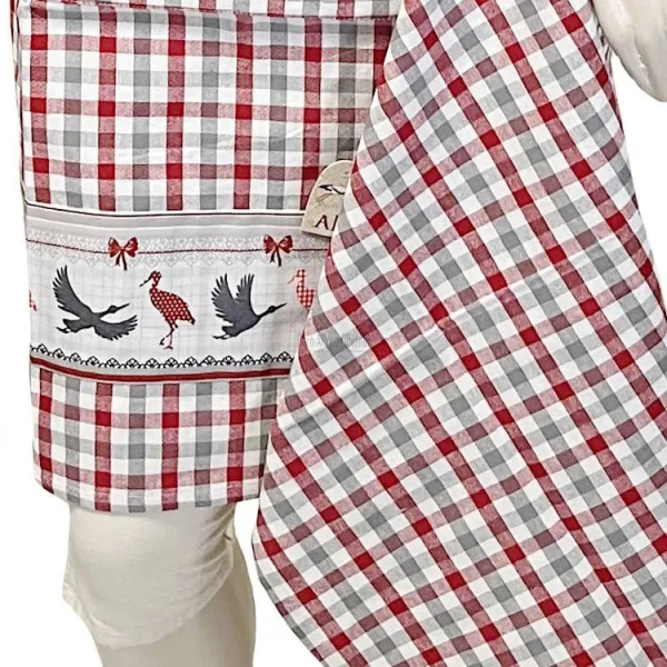 Adjustable Vichy Kitchen Apron with Stork Design and Kitchen Towel