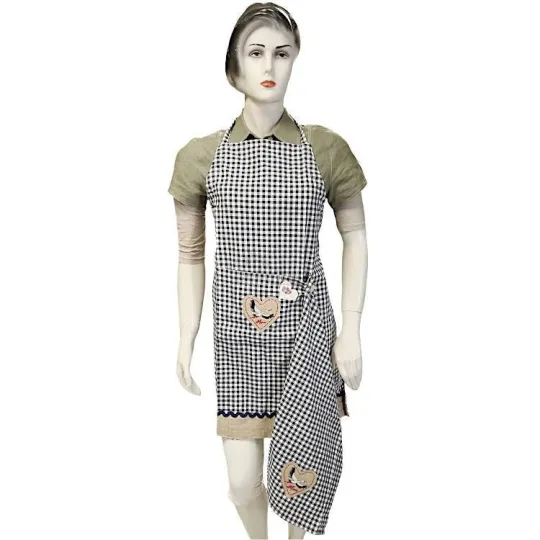 Tablier de Cuisine réglable Vichy bleu décor Coeur Cigognes avec Torchon