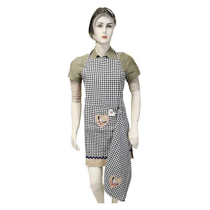 Blue Gingham Adjustable Kitchen Apron with Stork Heart Design and Dishcloth