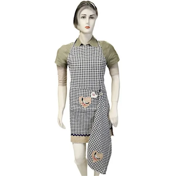 Blue Gingham Adjustable Kitchen Apron with Stork Heart Design and Dishcloth
