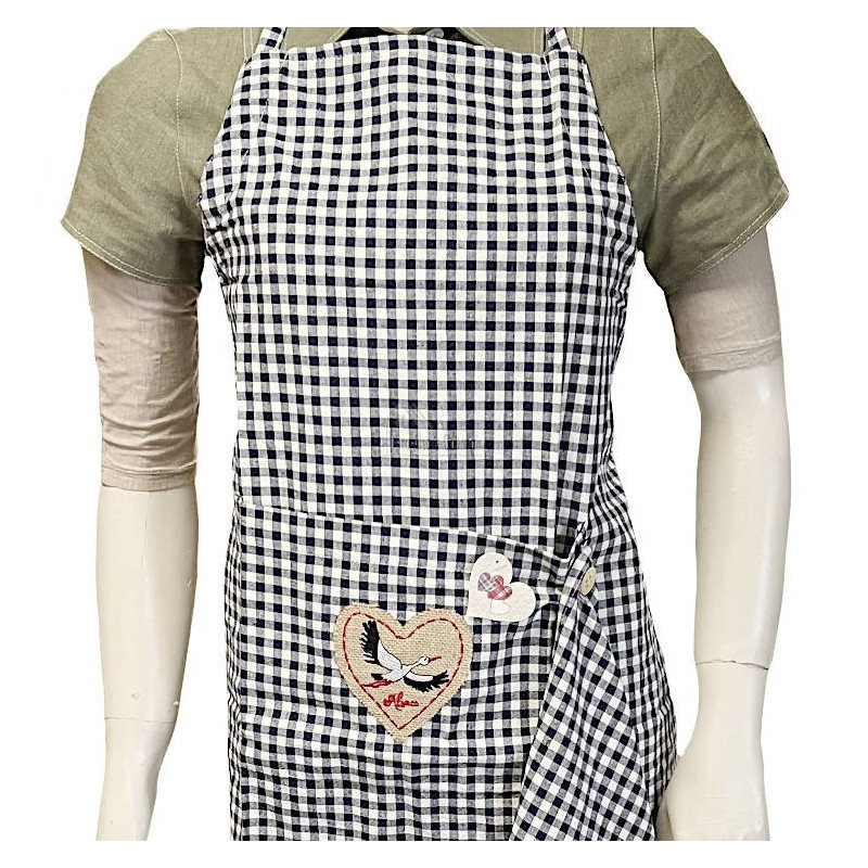 Blue Gingham Adjustable Kitchen Apron with Stork Heart Design and Dishcloth