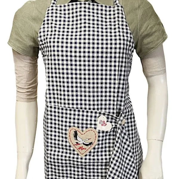 Tablier de Cuisine réglable Vichy bleu décor Coeur Cigognes avec Torchon