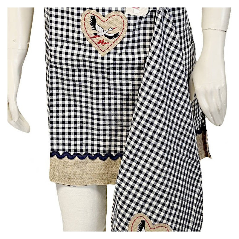 Blue Gingham Adjustable Kitchen Apron with Stork Heart Design and Dishcloth