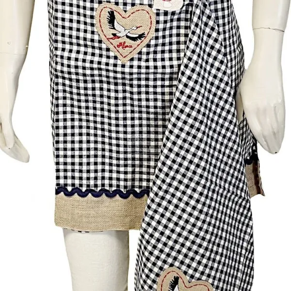 Blue Gingham Adjustable Kitchen Apron with Stork Heart Design and Dishcloth