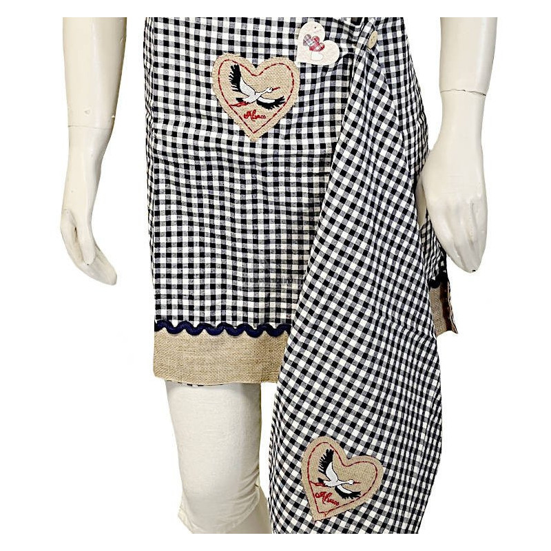 Blue Gingham Adjustable Kitchen Apron with Stork Heart Design and Dishcloth