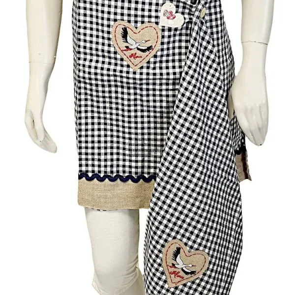Blue Gingham Adjustable Kitchen Apron with Stork Heart Design and Dishcloth