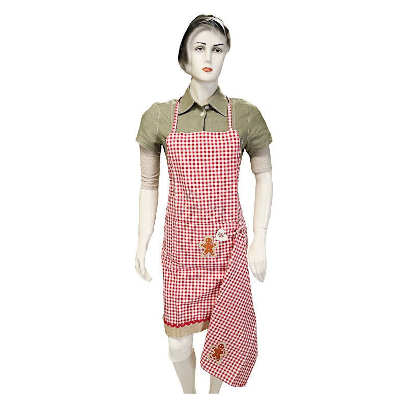 Red Gingham Adjustable Kitchen Apron with Gingerbread Man Design and Dishcloth