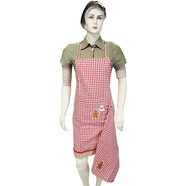 Tablier de Cuisine réglable Vichy rouge décor Bonhomme en Pain d'Épices avec Torchon