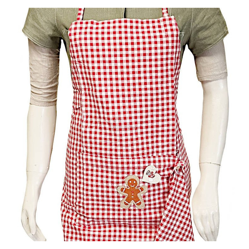 Red Gingham Adjustable Kitchen Apron with Gingerbread Man Design and Dishcloth