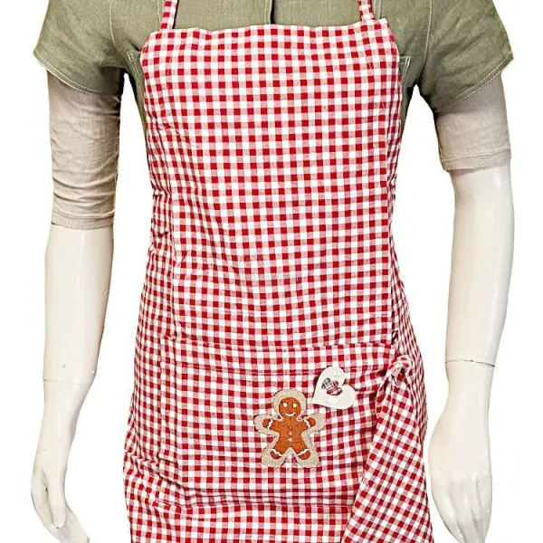 Tablier de Cuisine réglable Vichy rouge décor Bonhomme en Pain d'Épices avec Torchon