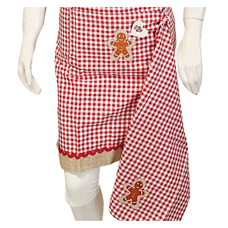 Red Gingham Adjustable Kitchen Apron with Gingerbread Man Design and Dishcloth