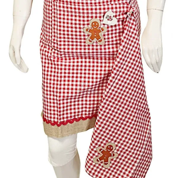 Tablier de Cuisine réglable Vichy rouge décor Bonhomme en Pain d'Épices avec Torchon