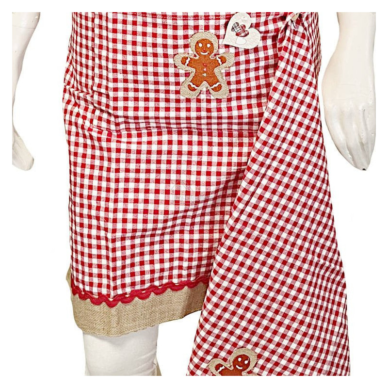 Red Gingham Adjustable Kitchen Apron with Gingerbread Man Design and Dishcloth