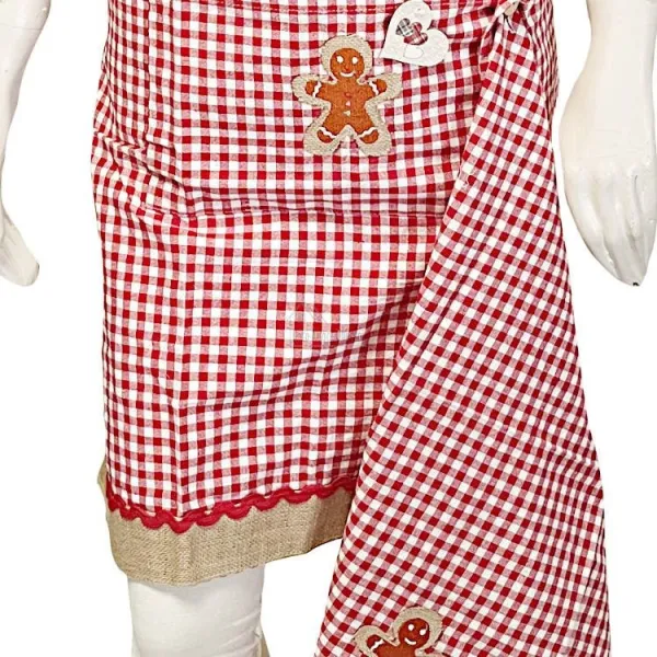 Verstellbare rote Vichy-Kochschürze mit Lebkuchenmännchen-Dekor und Geschirrtuch