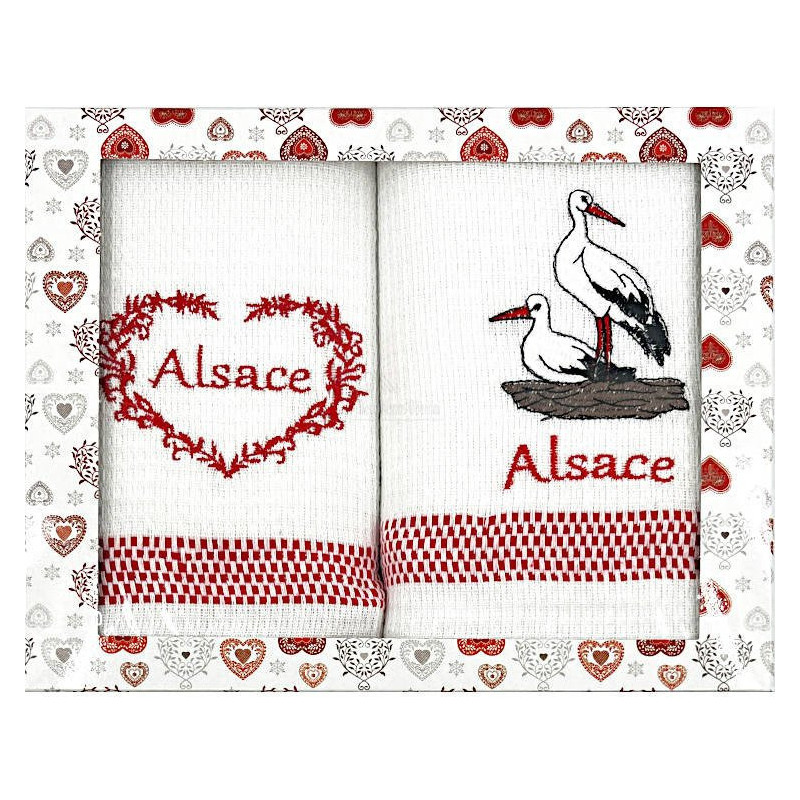 Duo of Alsatian Stork Kitchen Towels embroidered Alsace