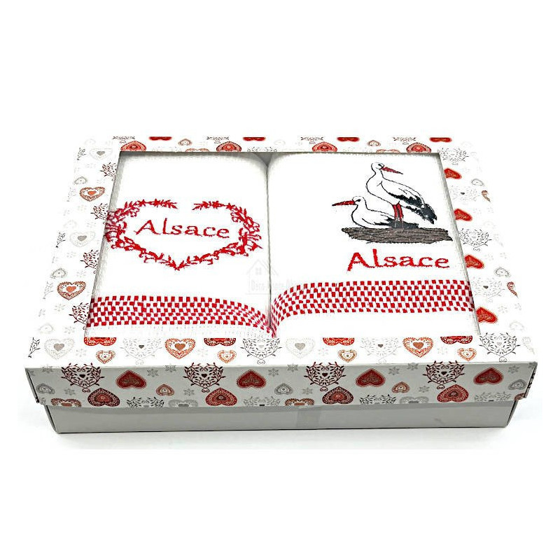 Duo of Alsatian Stork Kitchen Towels embroidered Alsace