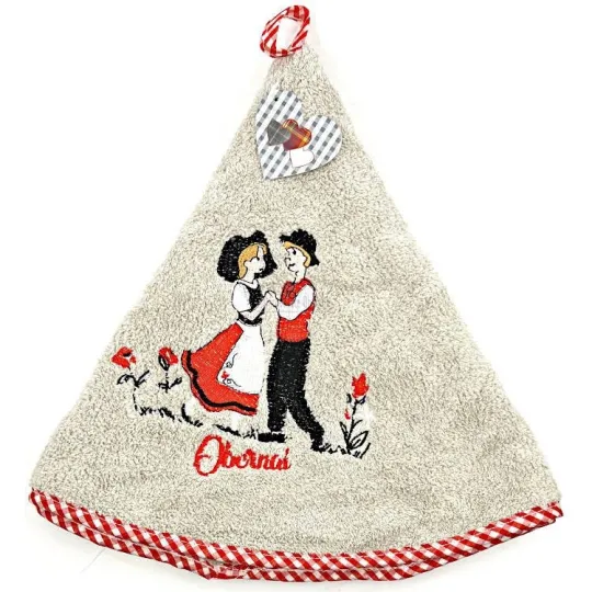 Essuie-Mains de Cuisine gris brodé Couple d'Alsacien et Obernai 65 cm