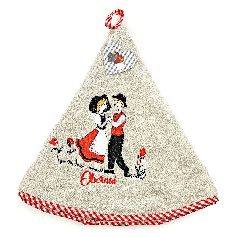 Essuie-Mains de Cuisine gris brodé Couple d'Alsacien et Obernai 65 cm