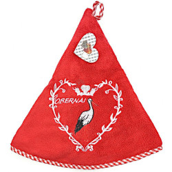 Rotes Küchenhandtuch, bestickt mit einem Storchenherz und Obernai 65 cm