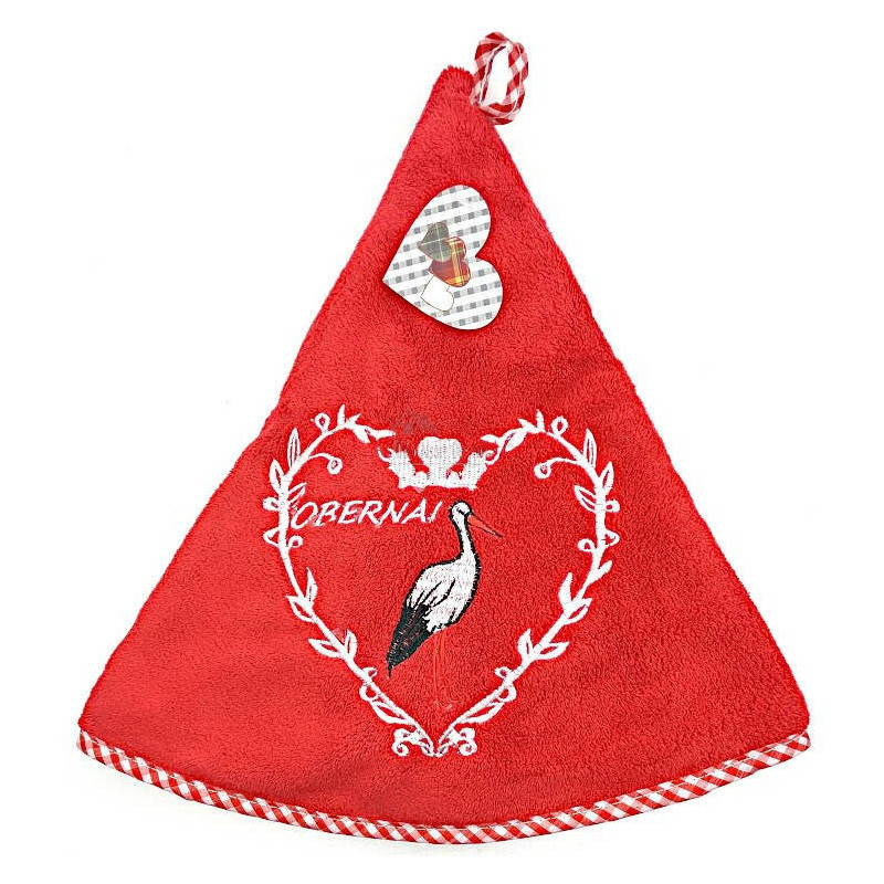 Rotes Küchenhandtuch, bestickt mit einem Storchenherz und Obernai 65 cm