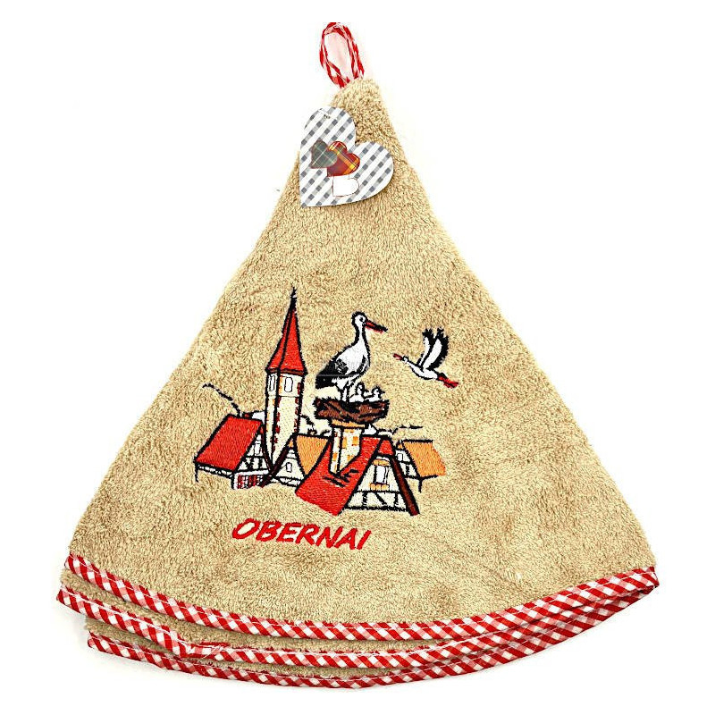 Küchenhandtuch beige mit Stickerei Elsässisches Dorf und Obernai 65 cm