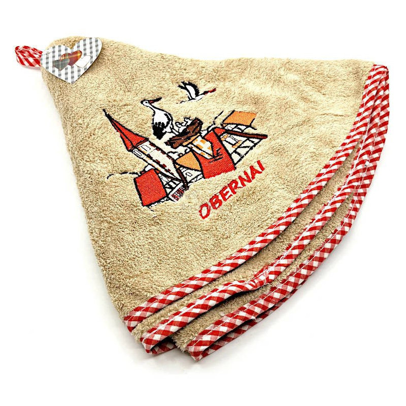 Küchenhandtuch beige mit Stickerei Elsässisches Dorf und Obernai 65 cm