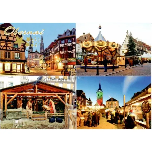 Postkarte Weihnachten in Obernai Marktplatz