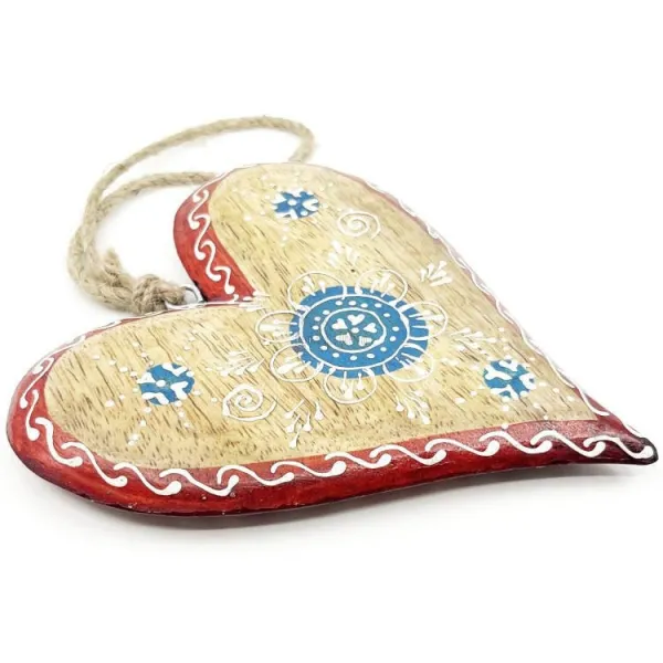 Elsässer Herz aus Massivholz mit blauen Verzierungen und rotem Rand