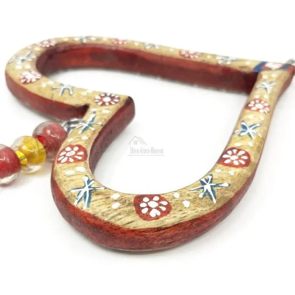 Trio aus 3 Elsässer Herzen aus Massivholz mit Dekor und Glöckchen