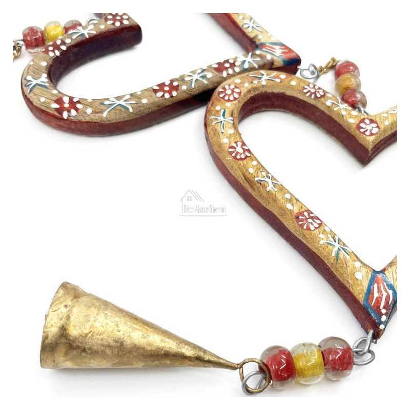 Trio aus 3 Elsässer Herzen aus Massivholz mit Dekor und Glöckchen