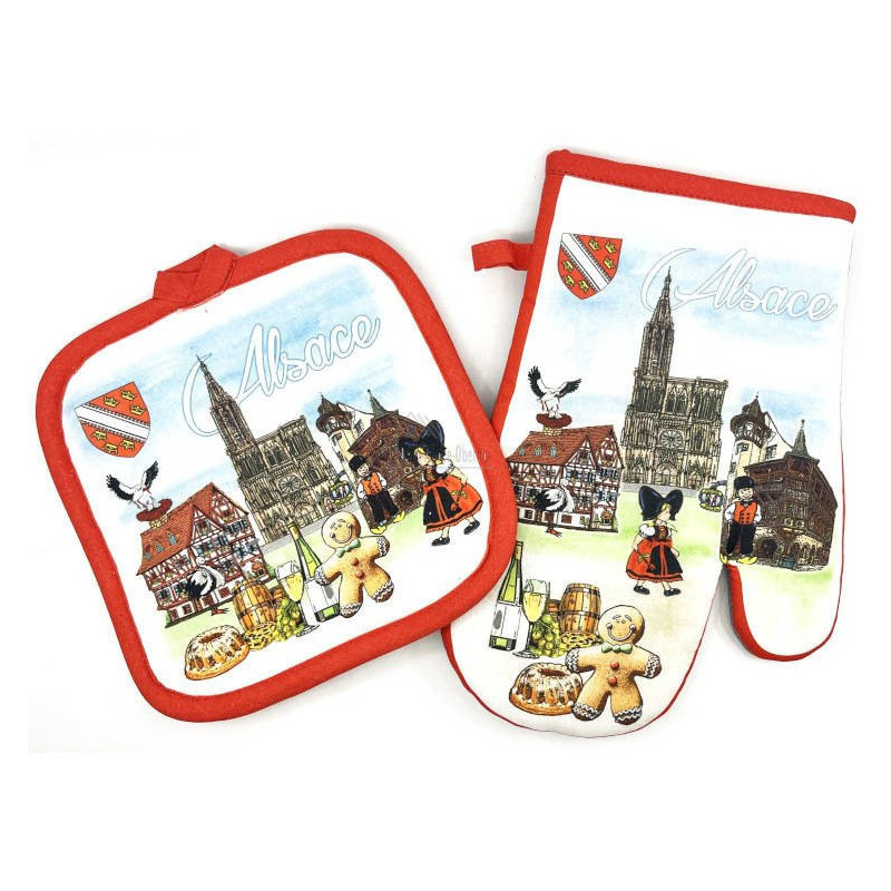 Set of Kitchen Gloves and Potholder with Alsatian motifs