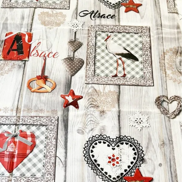 Misele Rectangular Tablecloth 150cm x 350 cm Alsace Storks, Pretzels and Hearts