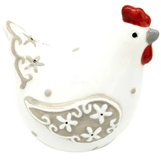 Poule en Céramique blanche décorée