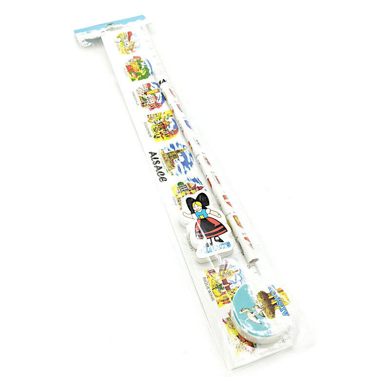 Paper pencil set with eraser, ruler and pencil sharpener with Alsatian towns decor
