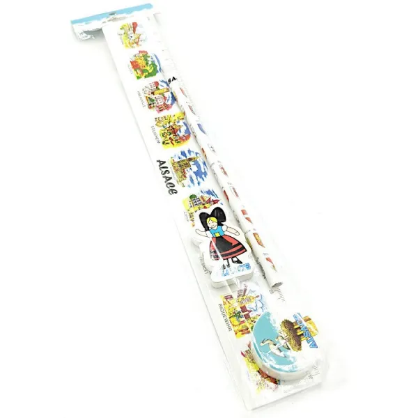 Paper pencil set with eraser, ruler and pencil sharpener with Alsatian towns decor