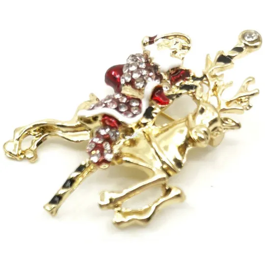 Gouden Fantasia Broche Kerstman op Rendier met Strass