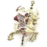 Fancy gold brooch Father Christmas on Reindeer and Strass