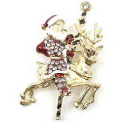 Goldfarbene Fantasiebrosche Weihnachtsmann auf Rentieren und Strasssteinen