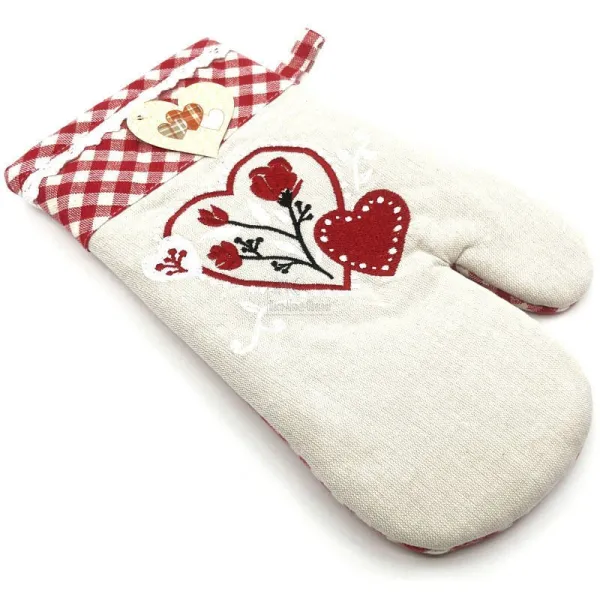 Beige and Vichy Embroidered Heart and Flowers Kitchen Glove
