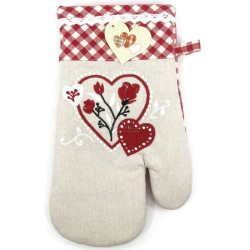 Beige and Vichy Embroidered Heart and Flowers Kitchen Glove
