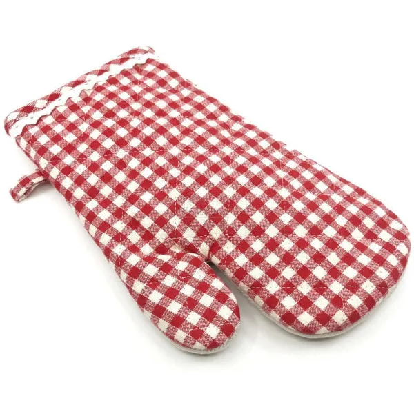 Gant de Cuisine Beige et Vichy brodé Coeur et Fleurs