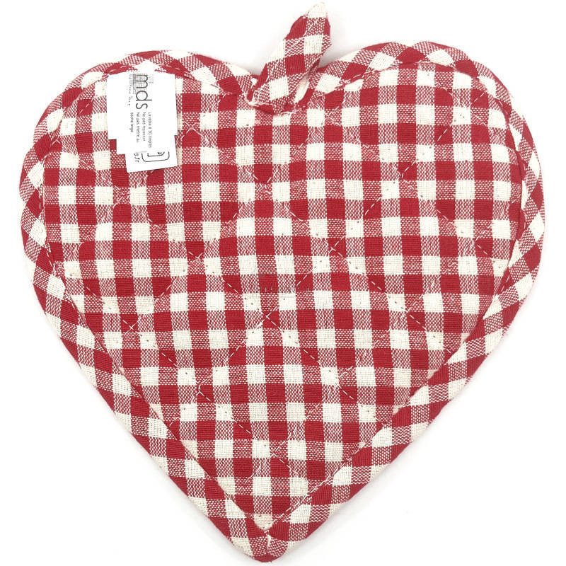 Beige and Vichy Embroidered Heart and Flowers Kitchen Potholder