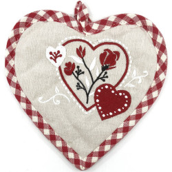 Beige and Vichy Embroidered Heart and Flowers Kitchen Potholder