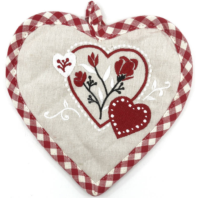 Beige and Vichy Embroidered Heart and Flowers Kitchen Potholder